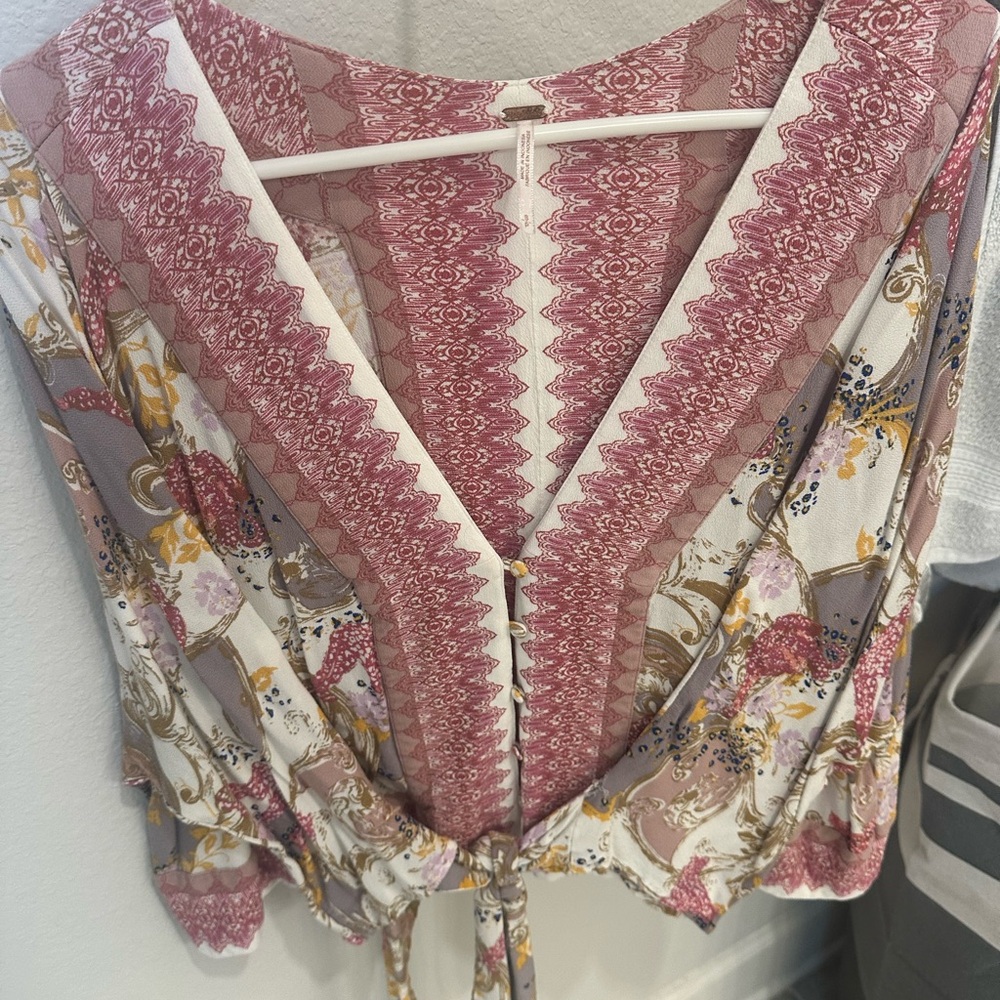 Free People Pink and Cream Floral Blouse